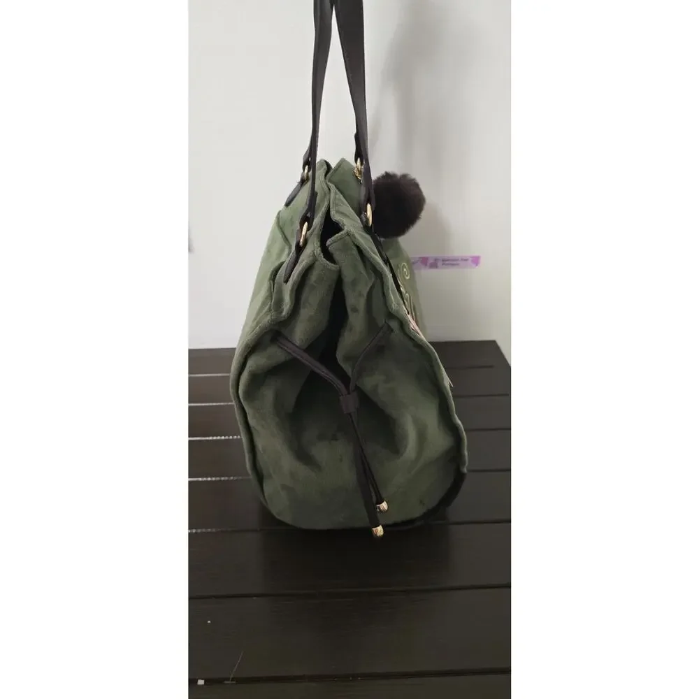 Juicy Couture Green Velour Crown Tote Bag Purse Shoulder Handbag Pom Pom NWT